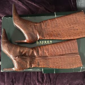 Lauren Ralph Lauren Brown Croc-Embossed Heeled Boots